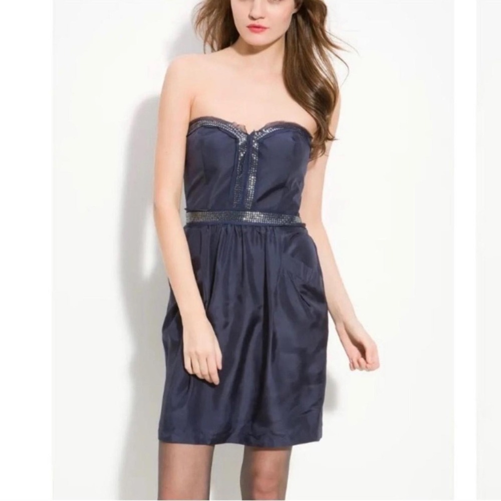 Rebecca Taylor Size‎ 4 Midnight Blue 100% Silk Sequined Strapless Cocktail Dress